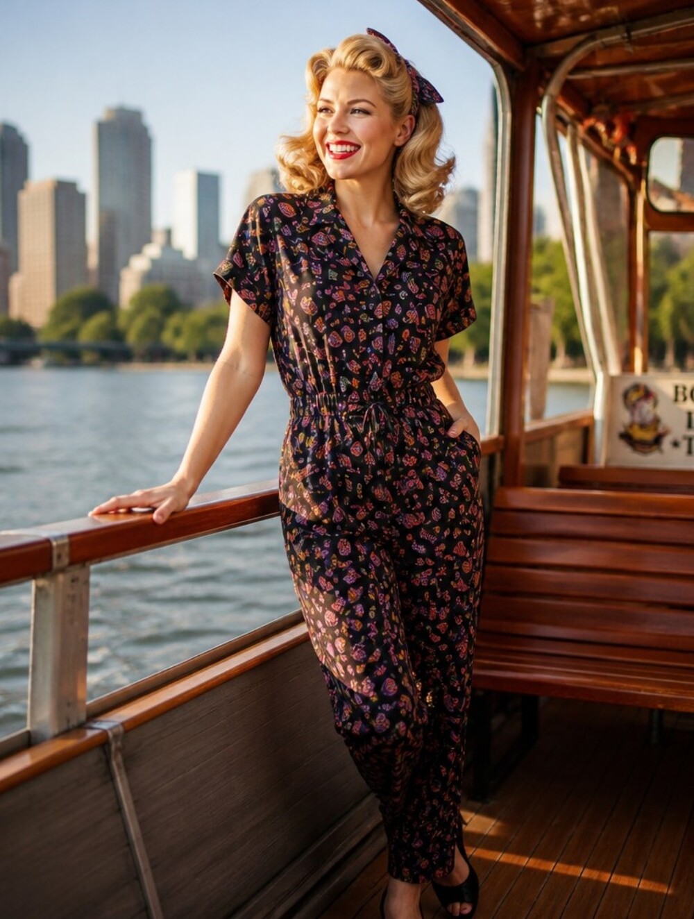 Aprico Black V‑Neck Floral Print Jumpsuit